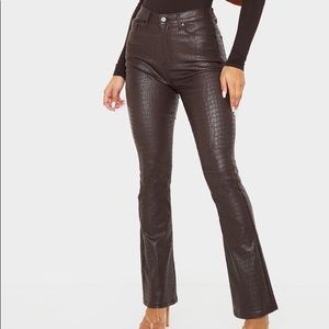 Chocolate brown croc coated denim flared jeans